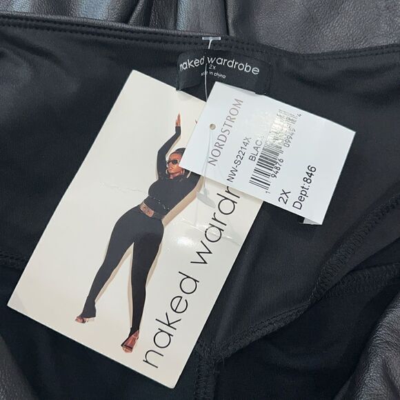 NWT Naked Wardrobe Black Faux Leather Midi Skirt 2X Front Slit - Picture 12 of 15